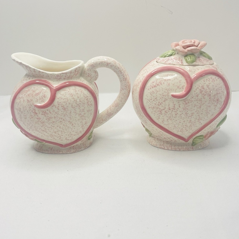 Vintage Victoria's Secret Pink & White Speckled Ceramic Creamer Sugar Set Heart